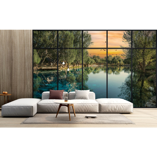 Optical Illusion Panoramic Window Wall Mural / Wallpaper - Lake and trees