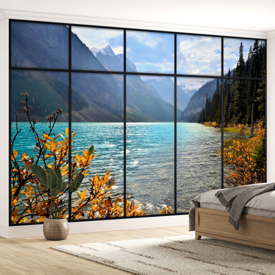 Optical Illusion Panoramic Window Wall Mural / Wallpaper - Lake view