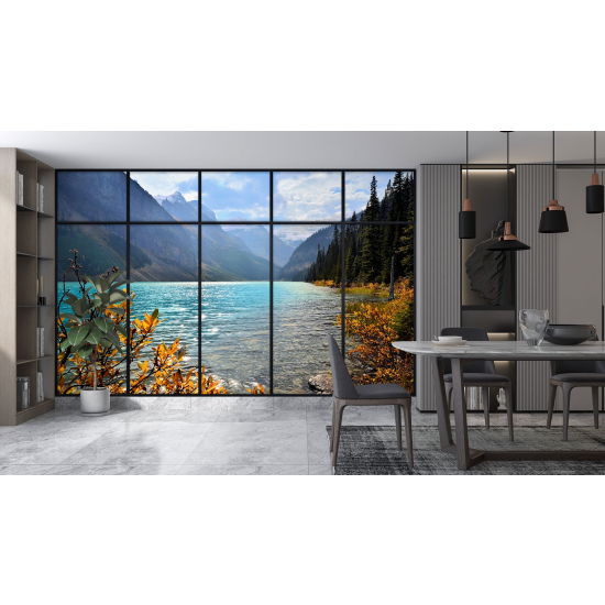 Optical Illusion Panoramic Window Wall Mural / Wallpaper - Lake view