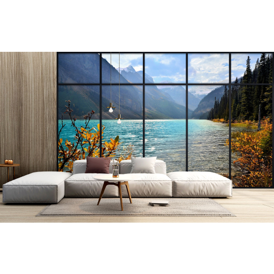 Optical Illusion Panoramic Window Wall Mural / Wallpaper - Lake view