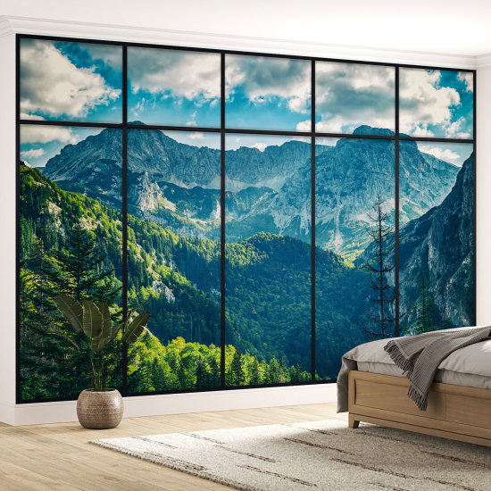 Optical Illusion Panoramic Window Wall Mural / Wallpaper - Mountains