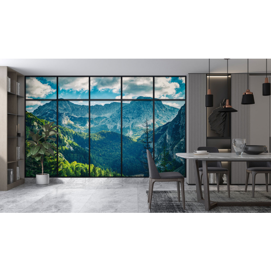 Optical Illusion Panoramic Window Wall Mural / Wallpaper - Mountains