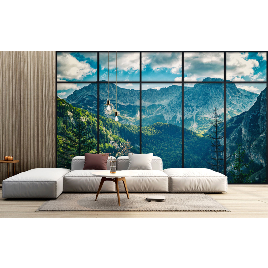 Optical Illusion Panoramic Window Wall Mural / Wallpaper - Mountains