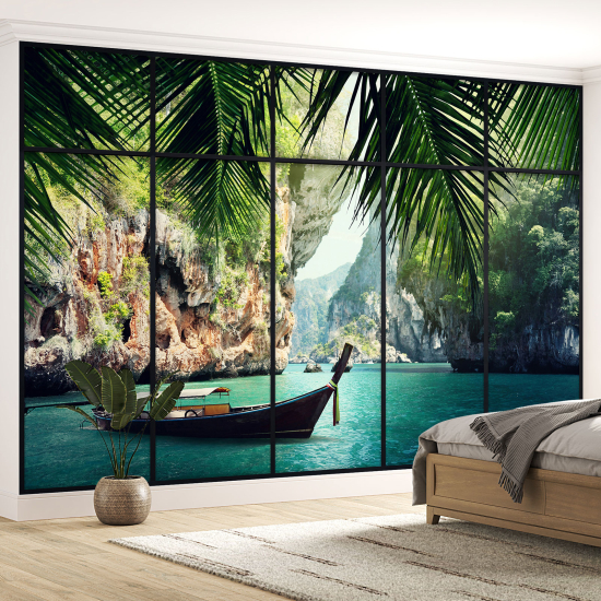 Optical Illusion Panoramic Window Wall Mural / Wallpaper - Paradise corner