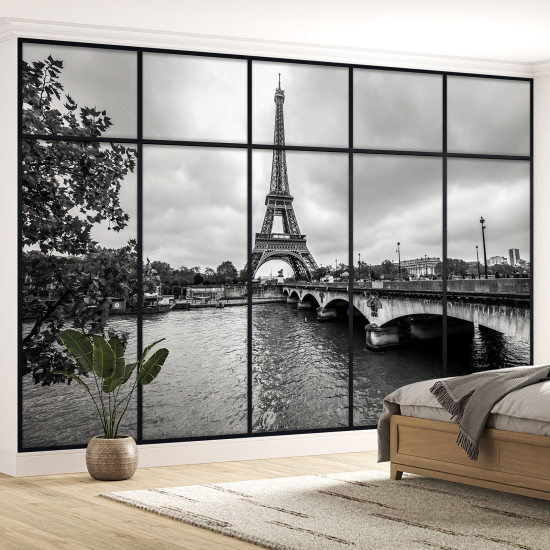 Optical Illusion Panoramic Window Wall Mural / Wallpaper - Paris Eiffel Tower