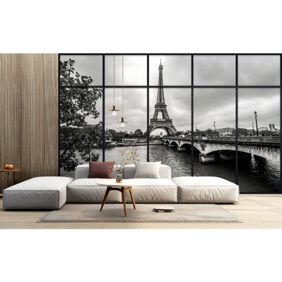 Optical Illusion Panoramic Window Wall Mural / Wallpaper - Paris Eiffel Tower