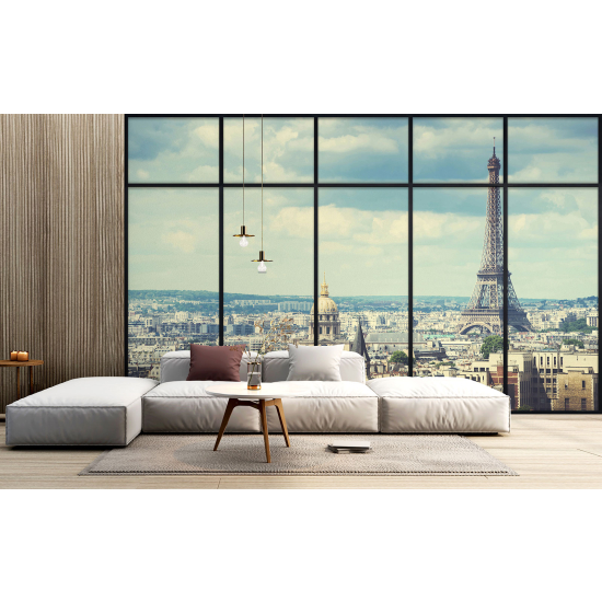 Optical Illusion Panoramic Window Wall Mural / Wallpaper - Paris Eiffel Tower