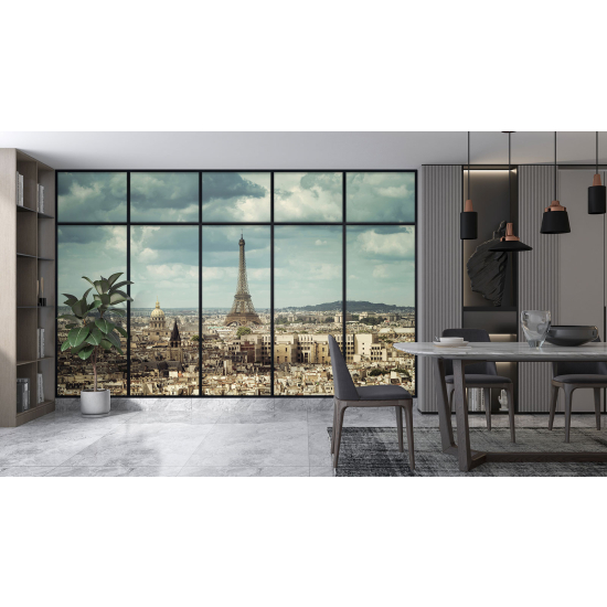 Optical Illusion Panoramic Window Wall Mural / Wallpaper - Paris Eiffel Tower