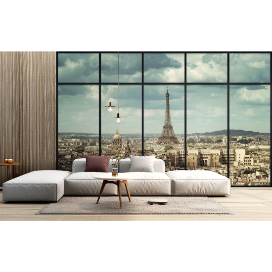 Optical Illusion Panoramic Window Wall Mural / Wallpaper - Paris Eiffel Tower