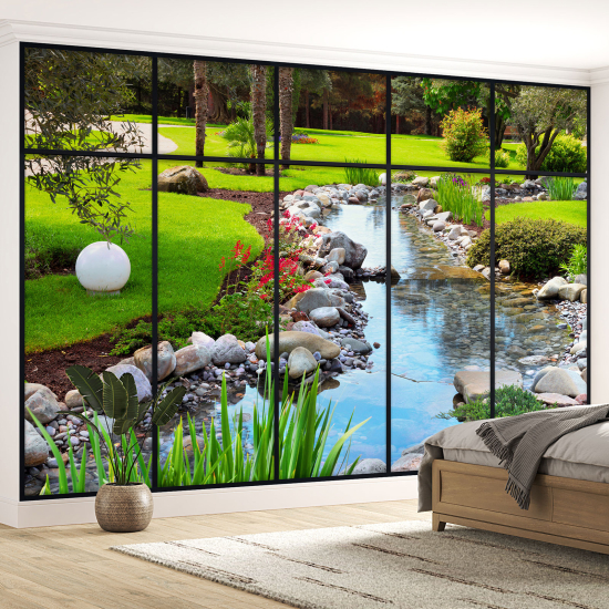 Optical Illusion Panoramic Window Wall Mural / Wallpaper - River garden