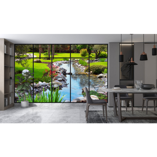 Optical Illusion Panoramic Window Wall Mural / Wallpaper - River garden