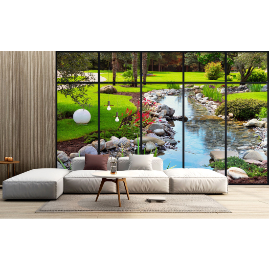 Optical Illusion Panoramic Window Wall Mural / Wallpaper - River garden