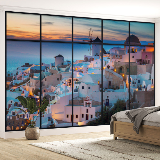 Optical Illusion Panoramic Window Wall Mural / Wallpaper - Santorini