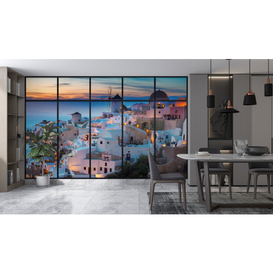 Optical Illusion Panoramic Window Wall Mural / Wallpaper - Santorini