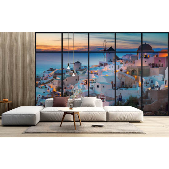 Optical Illusion Panoramic Window Wall Mural / Wallpaper - Santorini