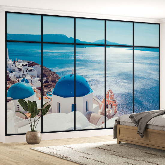 Optical Illusion Panoramic Window Wall Mural / Wallpaper - Santorini