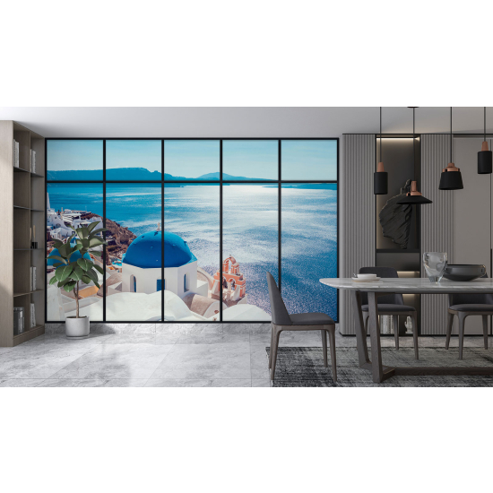 Optical Illusion Panoramic Window Wall Mural / Wallpaper - Santorini