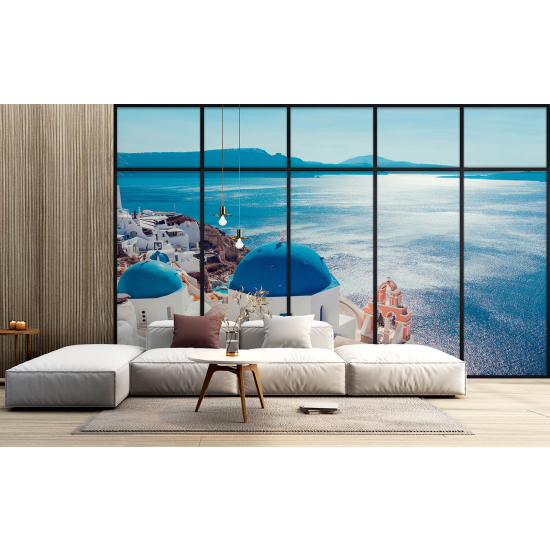 Optical Illusion Panoramic Window Wall Mural / Wallpaper - Santorini