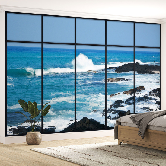 Optical Illusion Panoramic Window Wall Mural / Wallpaper - Sea view