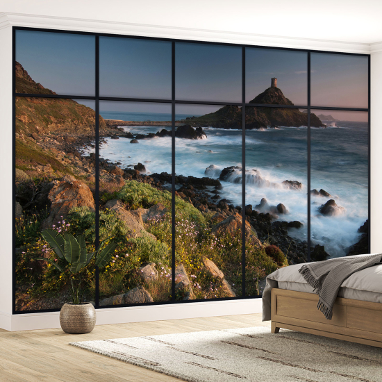 Optical Illusion Panoramic Window Wall Mural / Wallpaper - Sea view