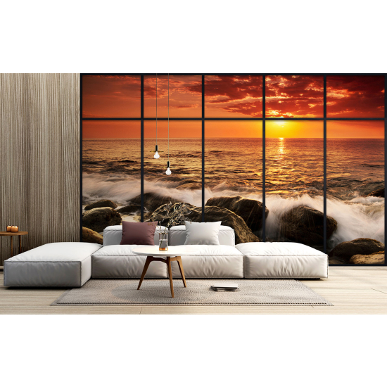 Optical Illusion Panoramic Window Wall Mural / Wallpaper - Sea view