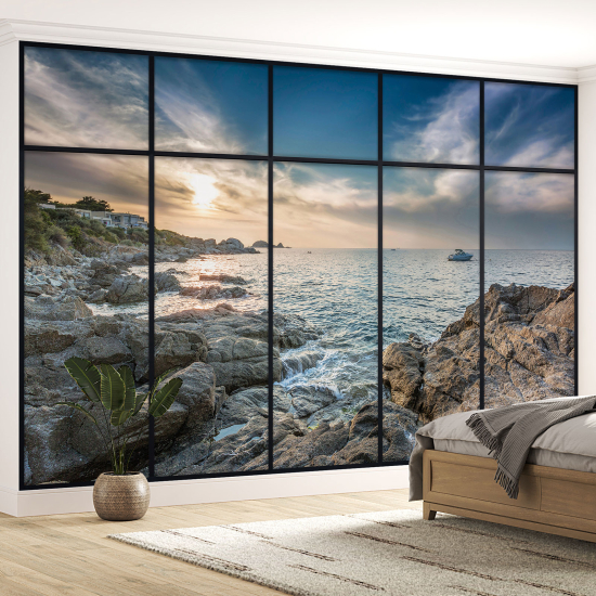 Optical Illusion Panoramic Window Wall Mural / Wallpaper - Sea view