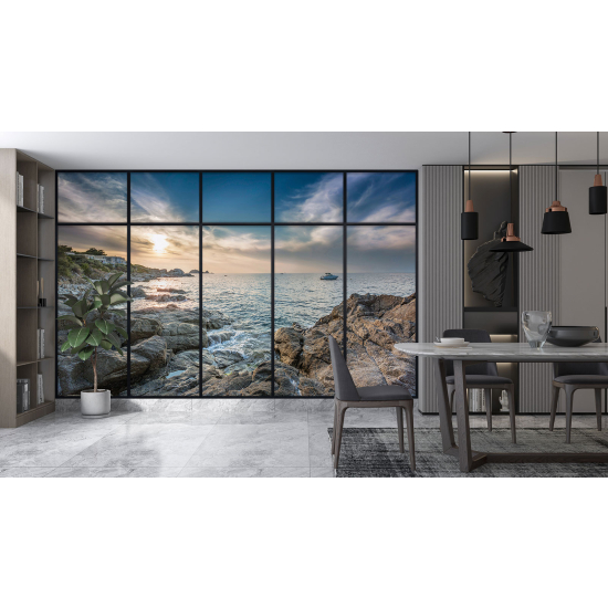 Optical Illusion Panoramic Window Wall Mural / Wallpaper - Sea view