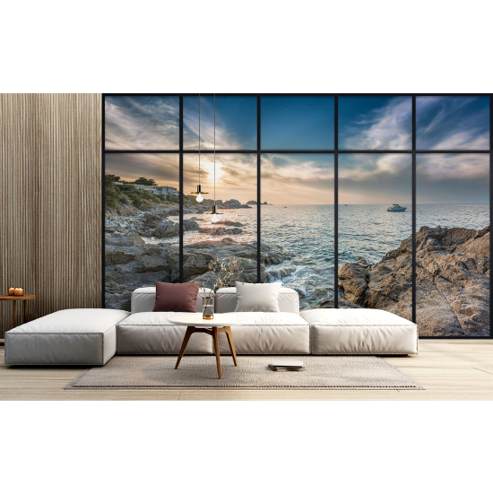 Optical Illusion Panoramic Window Wall Mural / Wallpaper - Sea view