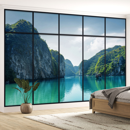 Optical Illusion Panoramic Window Wall Mural / Wallpaper - Sea view