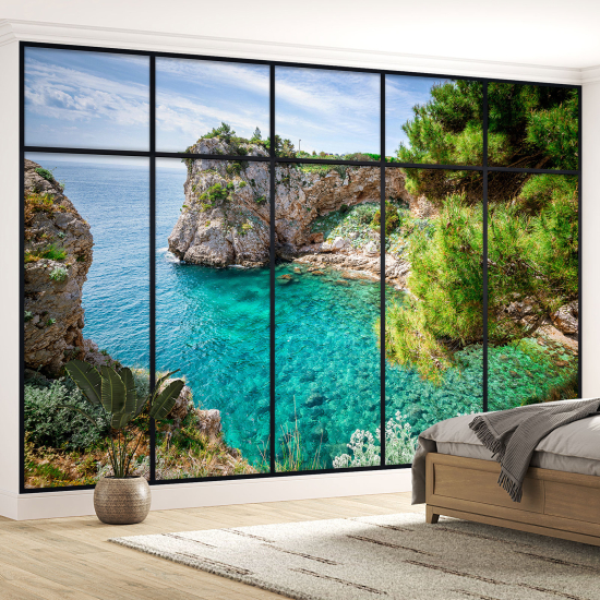 Optical Illusion Panoramic Window Wall Mural / Wallpaper - Sea view