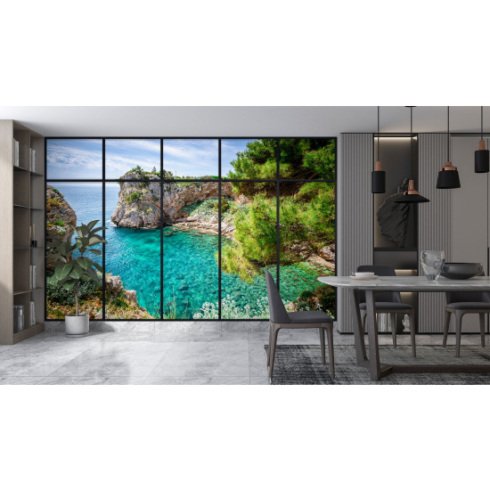 Optical Illusion Panoramic Window Wall Mural / Wallpaper - Sea view