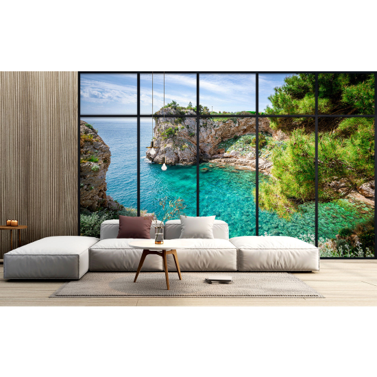 Optical Illusion Panoramic Window Wall Mural / Wallpaper - Sea view