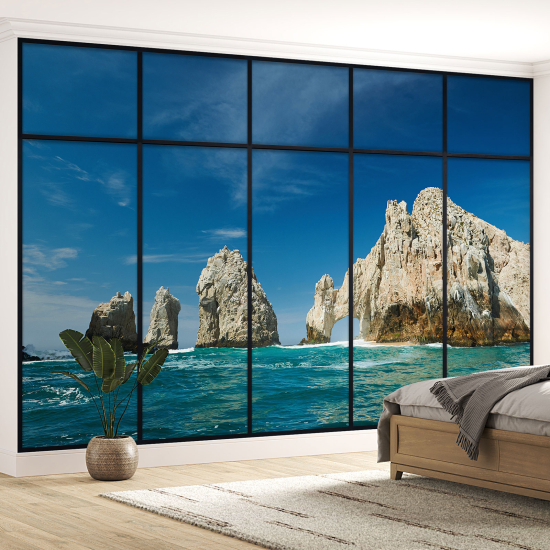 Optical Illusion Panoramic Window Wall Mural / Wallpaper - Sea view