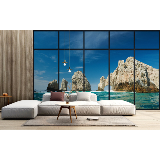 Optical Illusion Panoramic Window Wall Mural / Wallpaper - Sea view