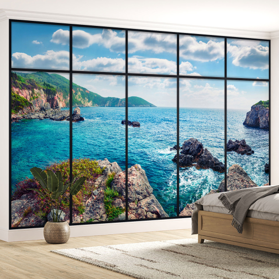 Optical Illusion Panoramic Window Wall Mural / Wallpaper - Sea view