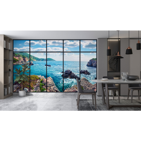 Optical Illusion Panoramic Window Wall Mural / Wallpaper - Sea view