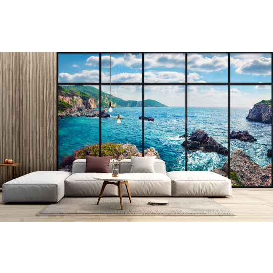 Optical Illusion Panoramic Window Wall Mural / Wallpaper - Sea view