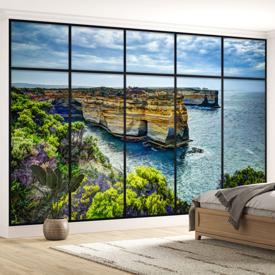 Optical Illusion Panoramic Window Wall Mural / Wallpaper - Sea view cliffs