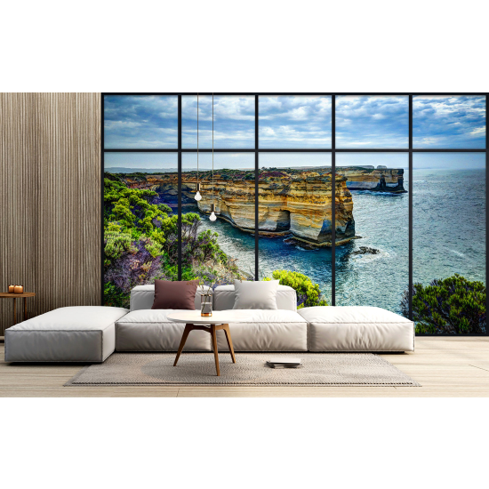 Optical Illusion Panoramic Window Wall Mural / Wallpaper - Sea view cliffs