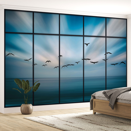 Optical Illusion Panoramic Window Wall Mural / Wallpaper - Sky