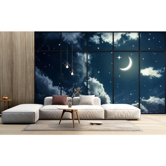 Optical Illusion Panoramic Window Wall Mural / Wallpaper - Starry Sky