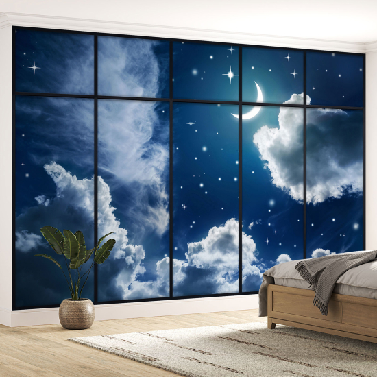 Optical Illusion Panoramic Window Wall Mural / Wallpaper - Starry Sky