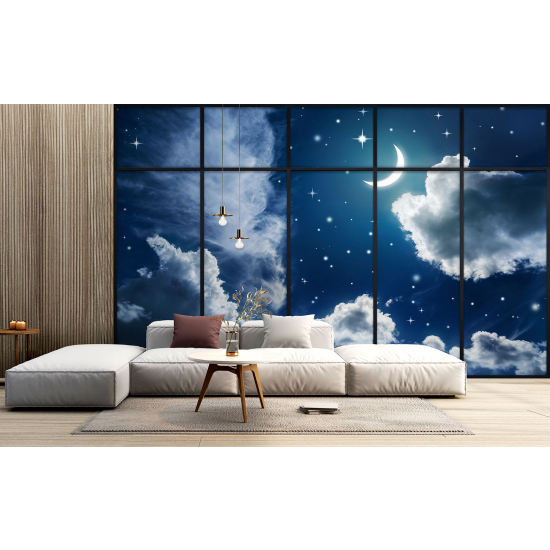 Optical Illusion Panoramic Window Wall Mural / Wallpaper - Starry Sky