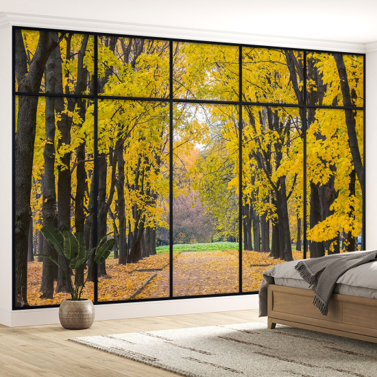 Optical Illusion Panoramic Window Wall Mural / Wallpaper - Tree Path