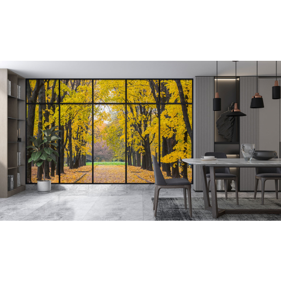 Optical Illusion Panoramic Window Wall Mural / Wallpaper - Tree Path