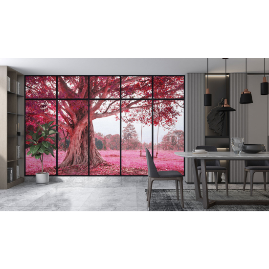 Optical Illusion Panoramic Window Wall Mural / Wallpaper - Tree with pink flowers