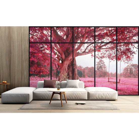 Optical Illusion Panoramic Window Wall Mural / Wallpaper - Tree with pink flowers