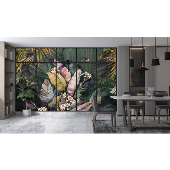 Optical Illusion Panoramic Window Wall Mural / Wallpaper - Tropical plants