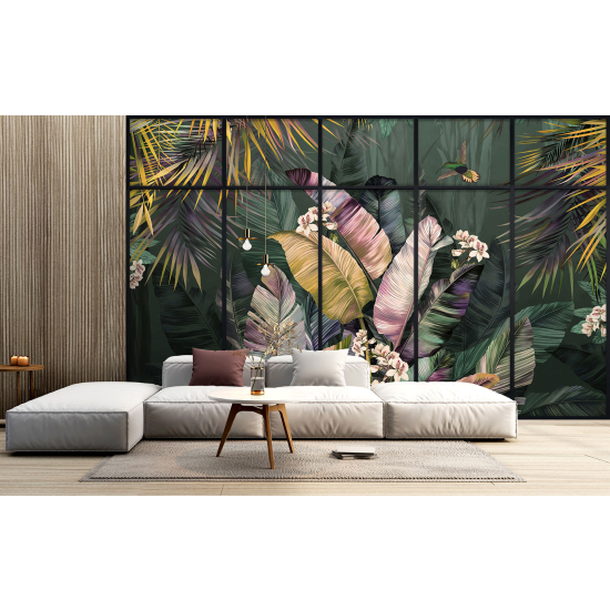 Optical Illusion Panoramic Window Wall Mural / Wallpaper - Tropical plants