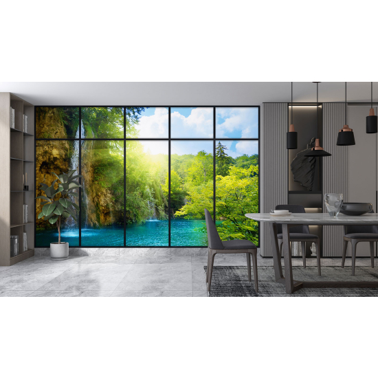 Optical Illusion Panoramic Window Wall Mural / Wallpaper - Waterfalls